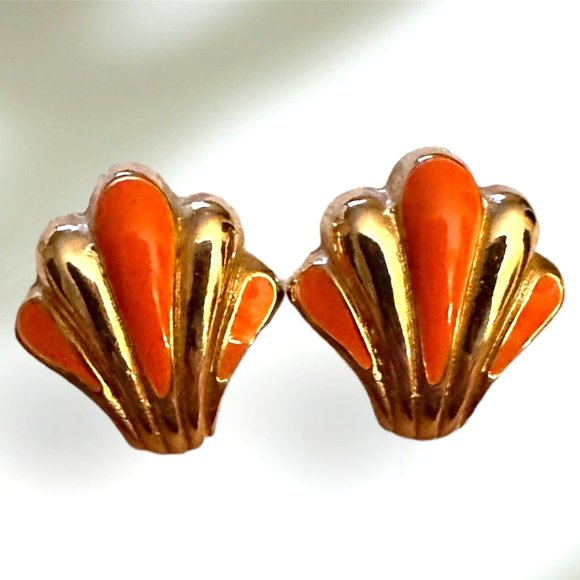 Dior Jewelry - Vintage Signed Chr. DIOR Gold Tone & Orange Shell Shape Omega Back